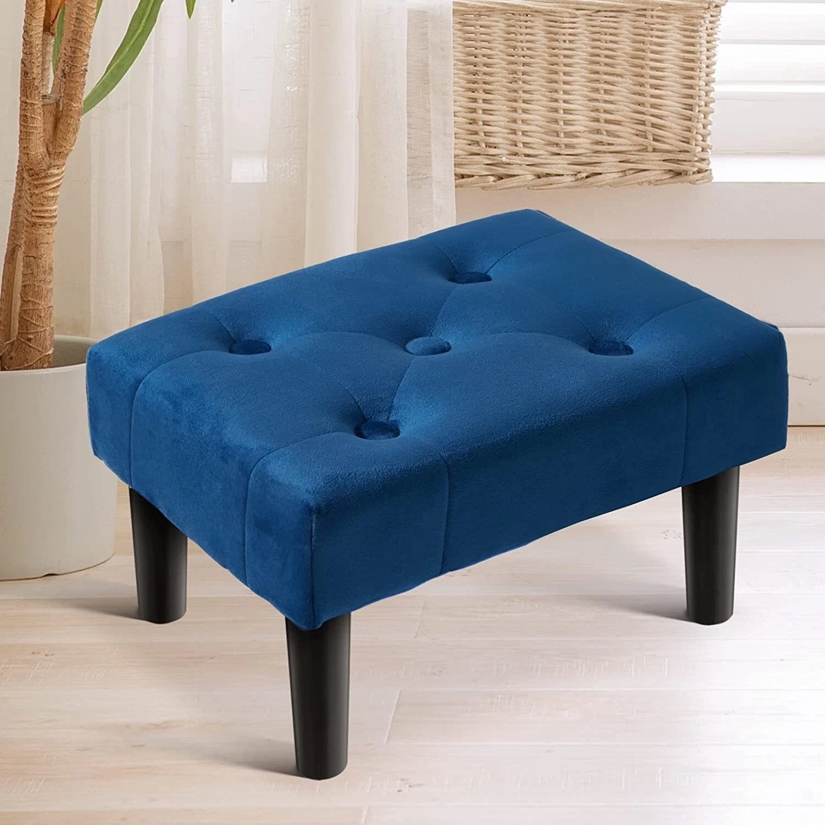 Foot Stool Wood Ottoman Footrest Bench Seat Chair Rectangle Sofa Blue Small  Legs