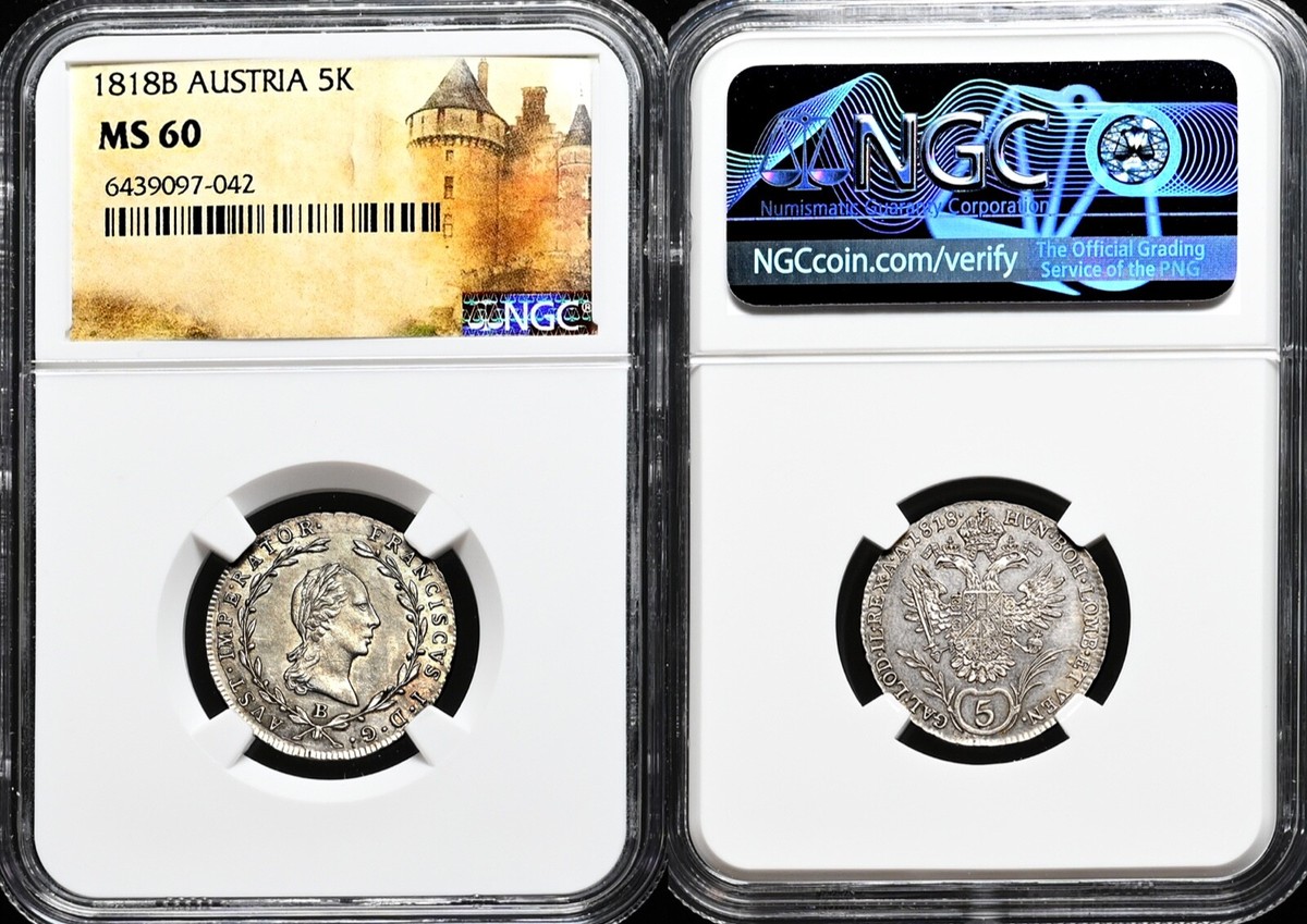 FRANCIS I. - Emperor AUSTRIA, 1818 Æ SILVER 5 Kreuzer Coin NGC