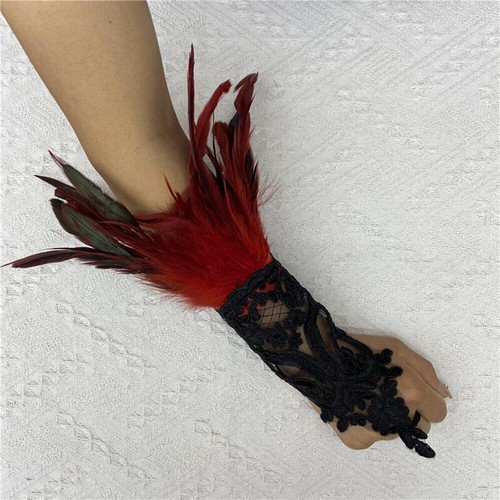 Female Hook Finger Gloves Mesh Sleeve Lace Feather Gloves Gothic Party Accessory - Picture 9 of 27