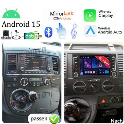 DAB 4G+64G Für VW T5 Transporter 2004-2009 Android 15 Autoradio Carplay GPS Navi