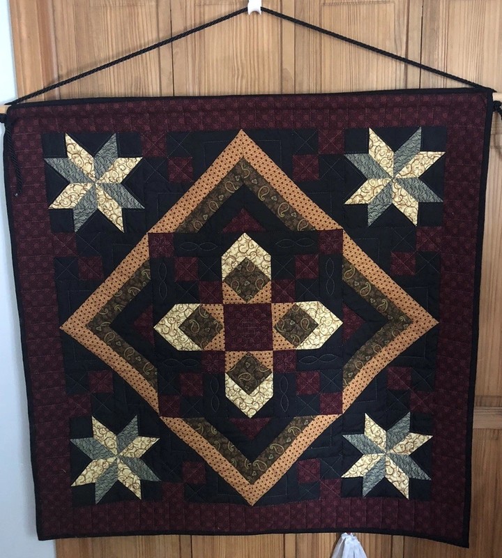 Large Vintage Burgundy Black Tan Primitive Country Star Quilt Wall Hanging