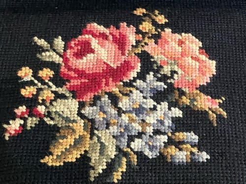 VTG Floral Rose Black Pinks Blue Finished Chair Pillow Cover Needlepoint USED - Picture 2 of 20
