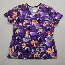 Disney Winnie the Pooh Happy Haunting HALLOWEEN Purple Scrub Top Nurse Large