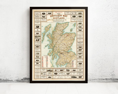 Scotland Whiskey Map 1902 The distillery map of Scotland Framed or Unframed