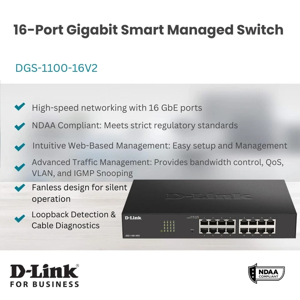 DGS-1100-16V2 16-Port Gigabit Smart Managed Switch 16 GbE Ports L2 VLANs Cabl... - Image 2 of 4