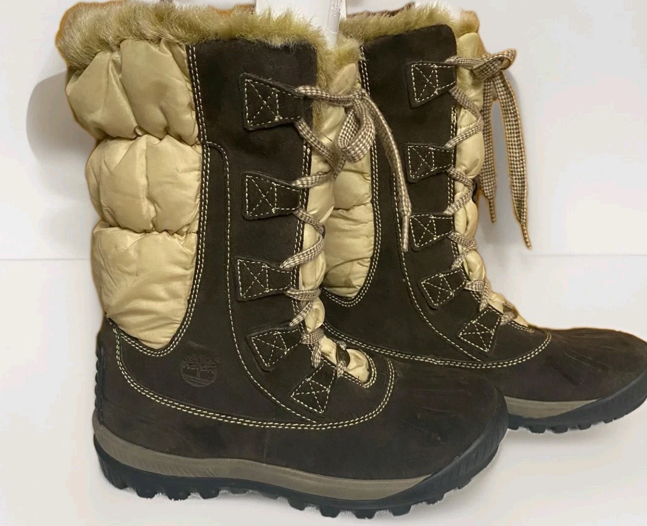 Stivali invernali TIMBERLAND donna marroni scamosciati crema nylon pelliccia alti US 8 5