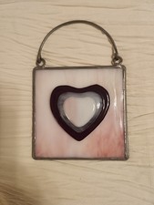 Stained Glass Suncatcher Window Hanging Heart Pink White Red Decor Boho 4 1/8"