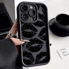 Black Lips Kiss Print Soft Matte Phone Case for iPhone 11 12 13 14 15 16 17 Pro