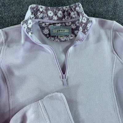Orvis Quarter Zip Pullover Women Large Lavender Ribbed Knit Floral Trim Casual