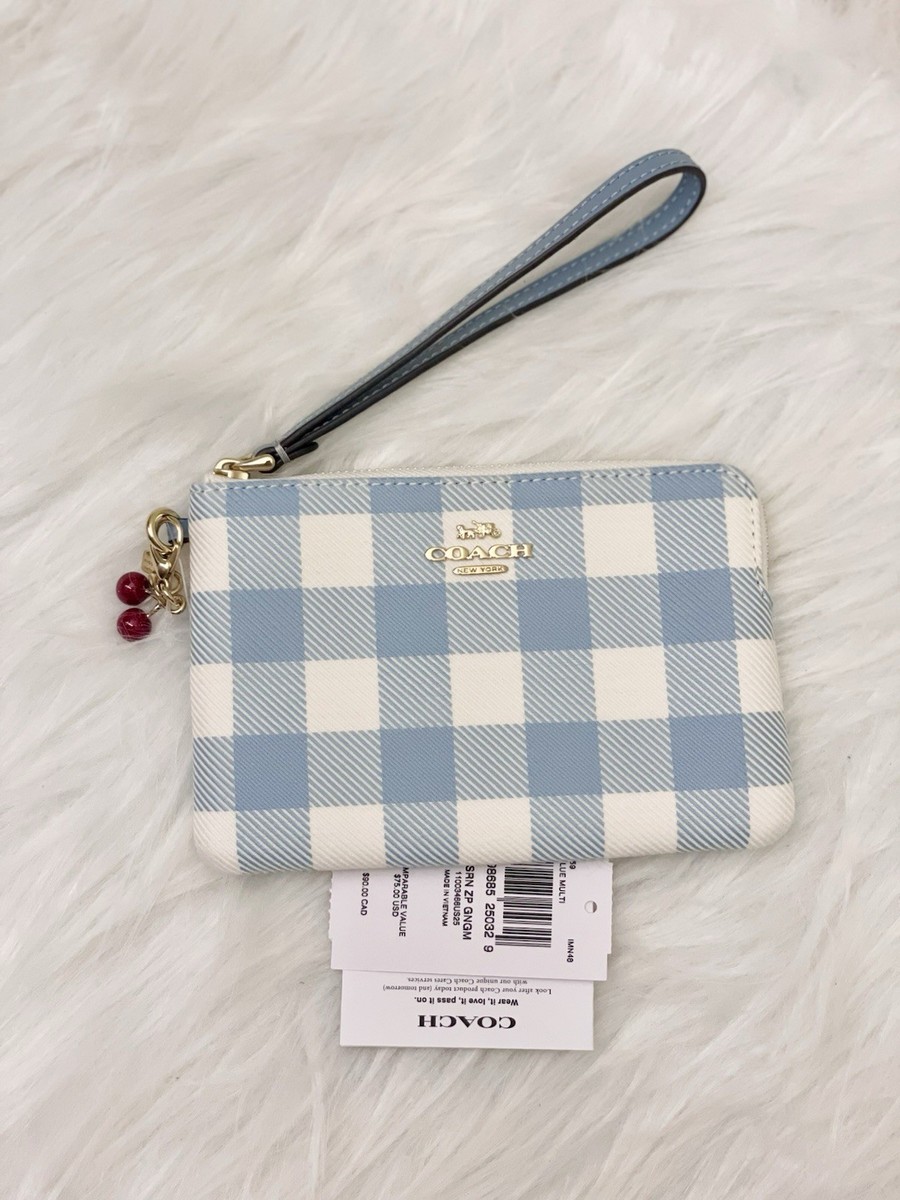 Coach Corner Zip Wristlet With Gingham Print And Charm CEX59 Blue