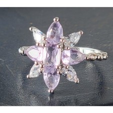 Exquisite Rhodium-Plated Size 9 Floral Ring with Lavender Gemstones