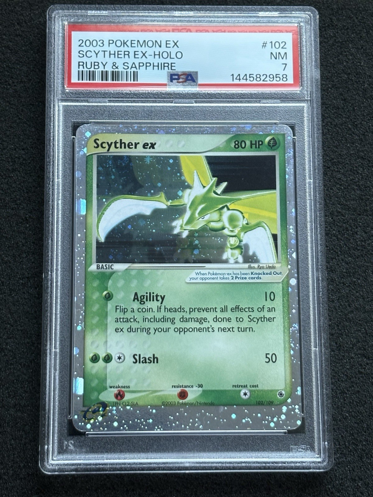 PSA 7 Scyther EX Holo 102/109 Ruby & Sapphire Pokemon SWIRL