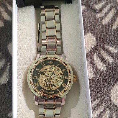 SEWOR Automatic Skeleton Dial Roman Numerals Two-Tone Metal Bracelet w/ Box