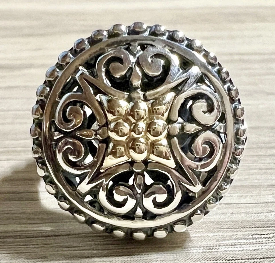 Designer Signed AE Sterling Silver & 14K Yellow Gold Filligree Ring, Size 7 - Image 2 of 4