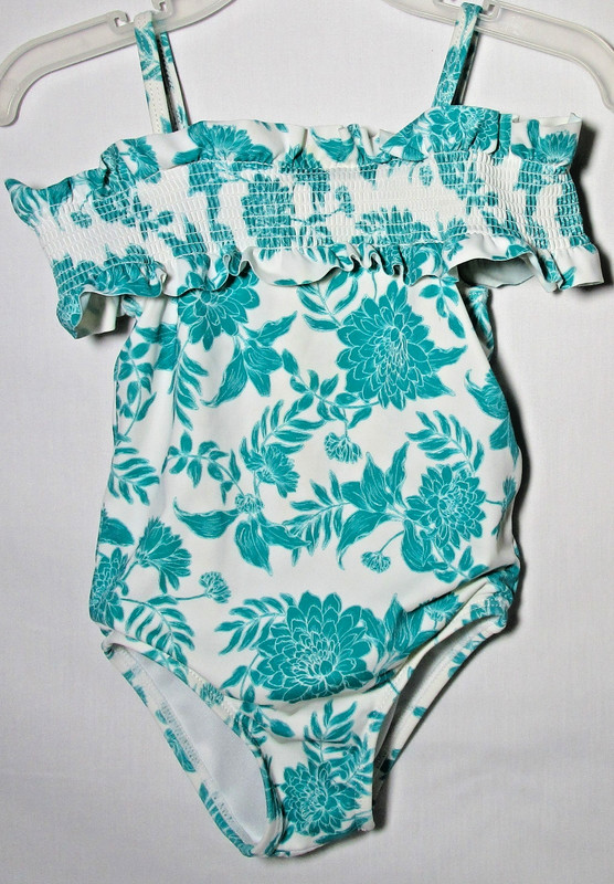 Janie and Jack green and white floral swimsuit off the shoulder w/straps size 2T