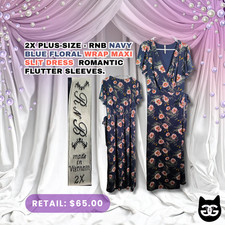 RNB Rich & Beautiful Floral Wrap Maxi Dress PlusSize 2X Navy Blue Flutter Sleeve