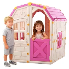 Outdoor Kids Playhouse w/Openable Door Windows for Home Backyard for Ages 2+