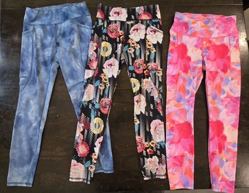 Girls Leggings medium-blue tie dyed, floral and hot pink