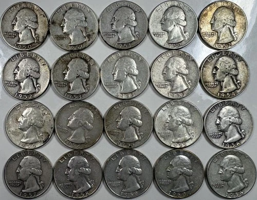 1950-1960 PDS Washington Silver Quarters -HALF ROLL 20-Coins- From Old Album