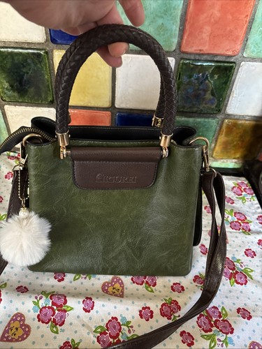 AIGUREI Ladies Dark Green Brown Faux Leather Small Shoulder Bag 23cm x 20cm - Picture 4 of 13