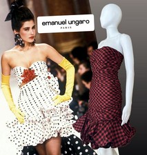 80s Emanuel Ungaro Strapless Silk Dress Red & Black Check Ruched Cocktail Ruffle