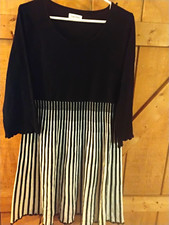 Calvin Klein Black/White Striped L A-Line Dress 3/4 Sleeve Pleated Knit