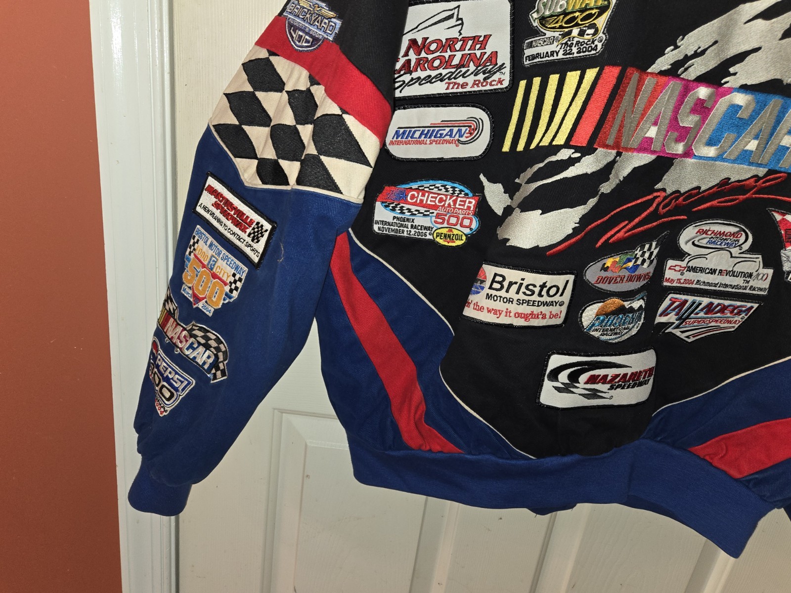 VTG JH DESIGN NASCAR RACING  JACKET CUSTOMIZED MANY PATCHES SIZE XL BLUE BLACK