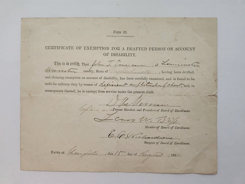 1868 antique CIVIL WAR leominster ma JOHN T EMERSON draft EXEMPTION disability