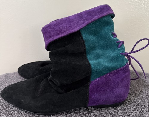 Vintage 80s Colorblock Suede Lace Up Slouchy Boots Women’s Sz 6 Retro Pixie Boot - Picture 2 of 8