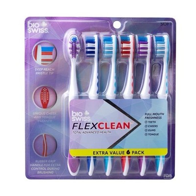 Bio Swiss FlexClean Soft Toothbrush 6 Pack   Deep Reach Bristles & Cheek/Tongue