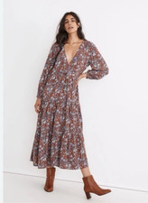 Madewell Dress Small Aline Floral Boho Challis Wrap Midi Tiered 3/4 Sleeve