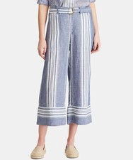 Lauren Ralph Lauren Women's Linen Striped Cropped Wide Leg Pants Size 8 Belt