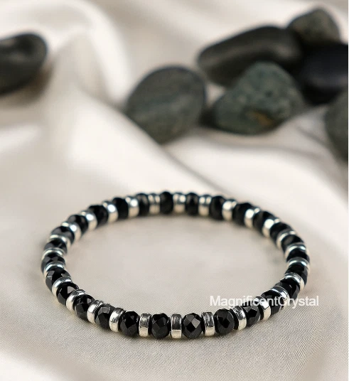 Pulsera de acero inoxidable de ónix negro para hombre 4 mm estilo punk elástica joyería regalo Foto 3 de 4