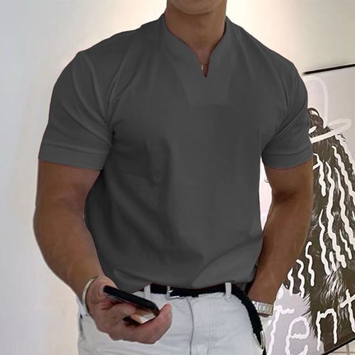 Summer Mens Plain V Neck Henley Shirts Short Sleeve Loose Casual Grandad T-Shirt - Picture 23 of 24