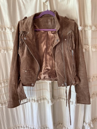 Blank NYC Suede Fringe Leather Moto Jacket Taupe L