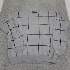 Nautica Mens Sweater XL Gray Stiped Long Sleeve Crewneck Logo Accent