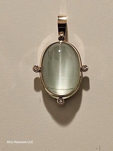 Made In USA 55ct. Cats Eye Aquamarine & Diamond Pendant 13K Gold