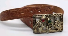 Vintage Women  s Tooled Brown Leather Belt Rare Pistol Bling Buckel Western
