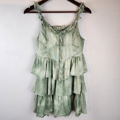 CIDER Mini Babydoll Dress Womens Size Large Green Ruffle Tiered Layers Coquette 