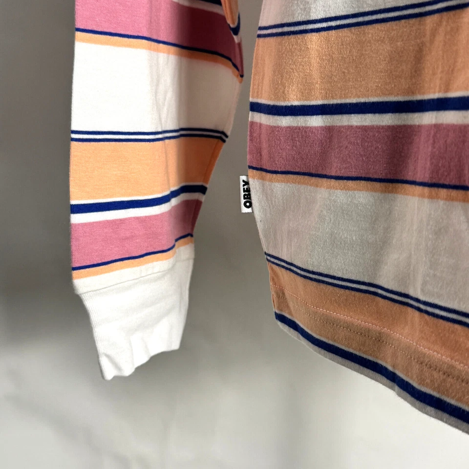 Camiseta Obey Para Hombre Manga Larga Tejida Directa Blanco/Rosa Rayas Talla M NUEVA Foto 3 de 4