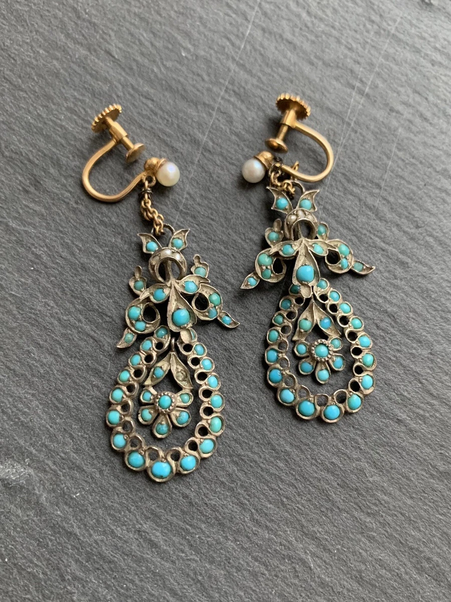 Antique Turquoise and Pearl Drop Earrings Screw Back eBay