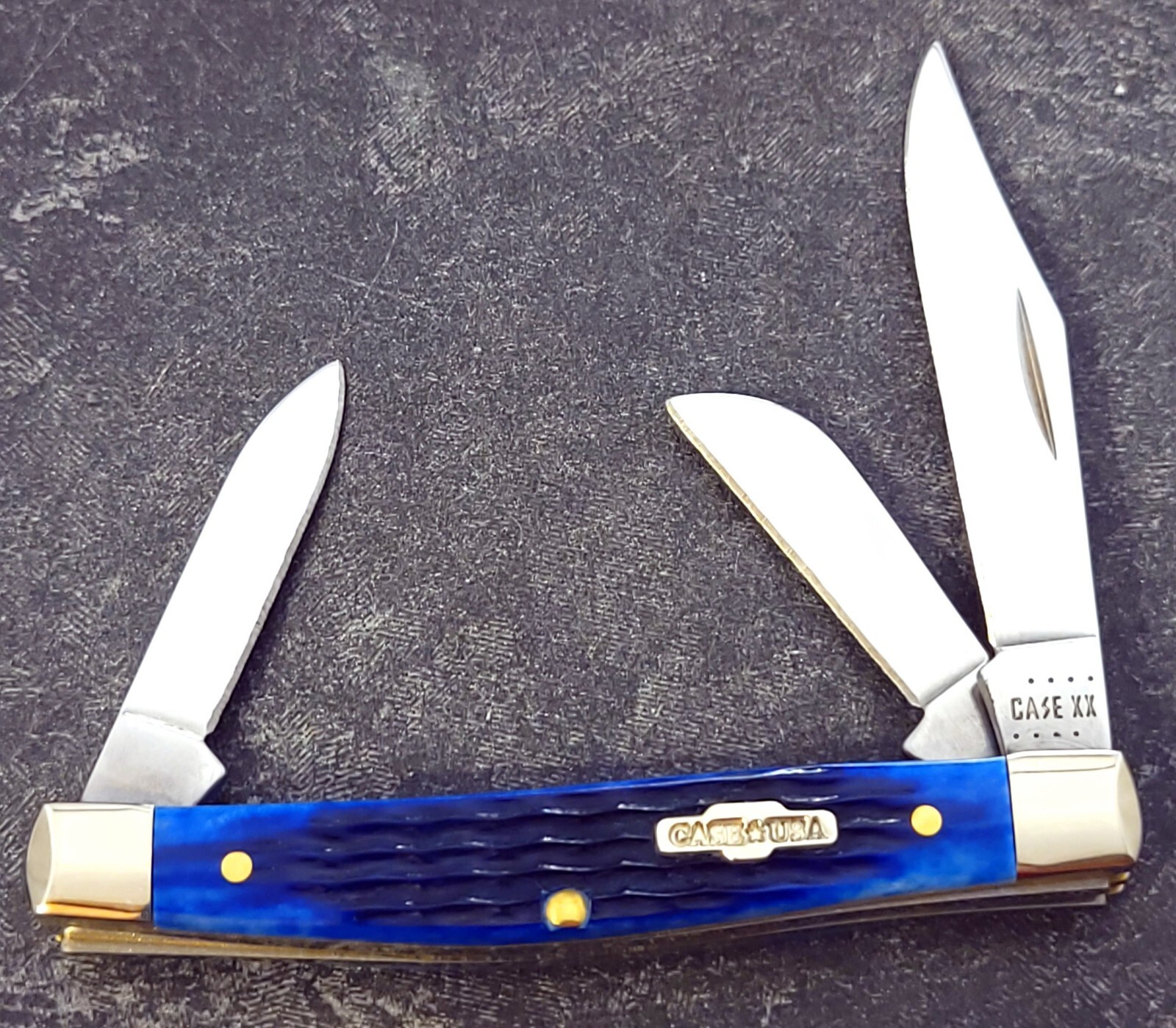 CASE XX Knife Made in USA 6344 SS Medium Stockman Blue Jigged Bone Handles eBay