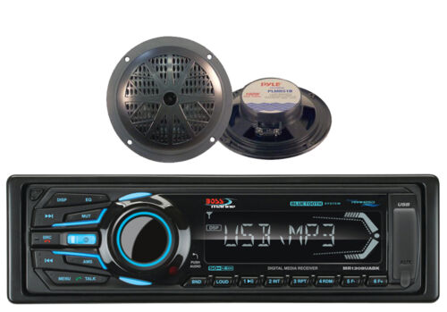 2 Black 5.25" Marine Speakers and Boss Bluetooth iPod USB AUX SD Marine Receiver - Photo 1 sur 2