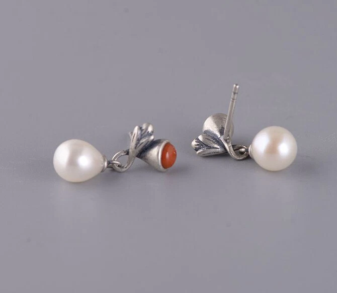 I05 Orecchini Fiore Argento Sterling 925 Con Bianca Dolce Perla Rotondi Agata - Immagine 2 di 4