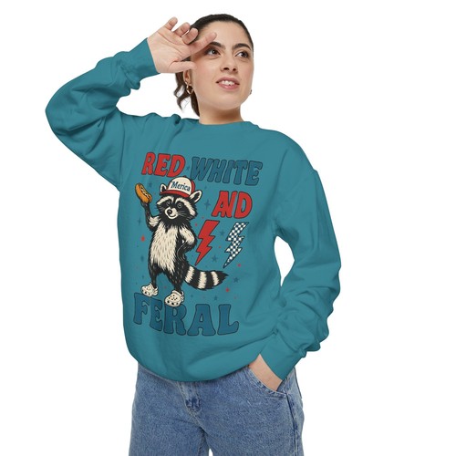 Red White and Feral Raccoon Sweatshirt Unisex Garment Dyed Funny Pullover - Picture 49 of 82
