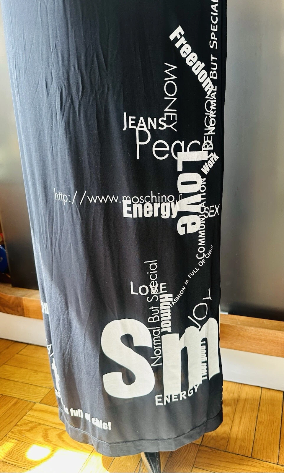 Raro abito lungo moschino vintage bianco nero da collezione con slogan. pop art 46 12 L