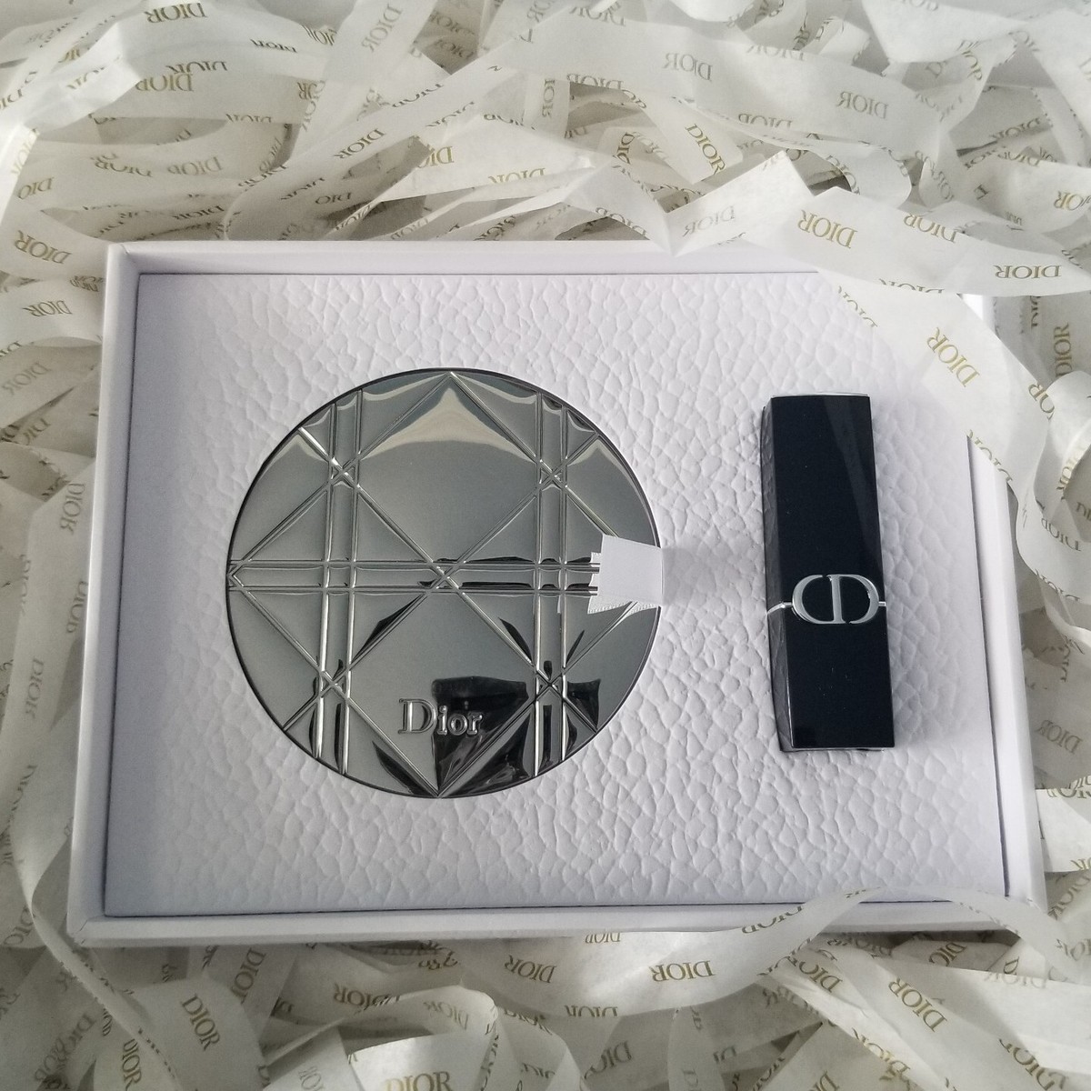 DIOR Silver Cannage Metal Double Sided Mirror and Lipstick DIOR Silver Cannage Metal Double Sided Mirror and Lipstick