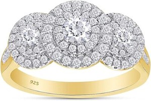 Authentic 1ct Natural Diamond 3 Stone Double Halo Engagement Ring 14K Yellow Gold Plated