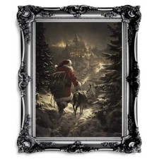 Santa and Reindeer Overlooking Village on Christmas Eve - Winter Wall Art Print