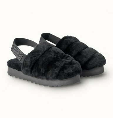 New Women's Shoes UGG Brand 1121751 Soft Super Fluff Slippers Logo Strap Black